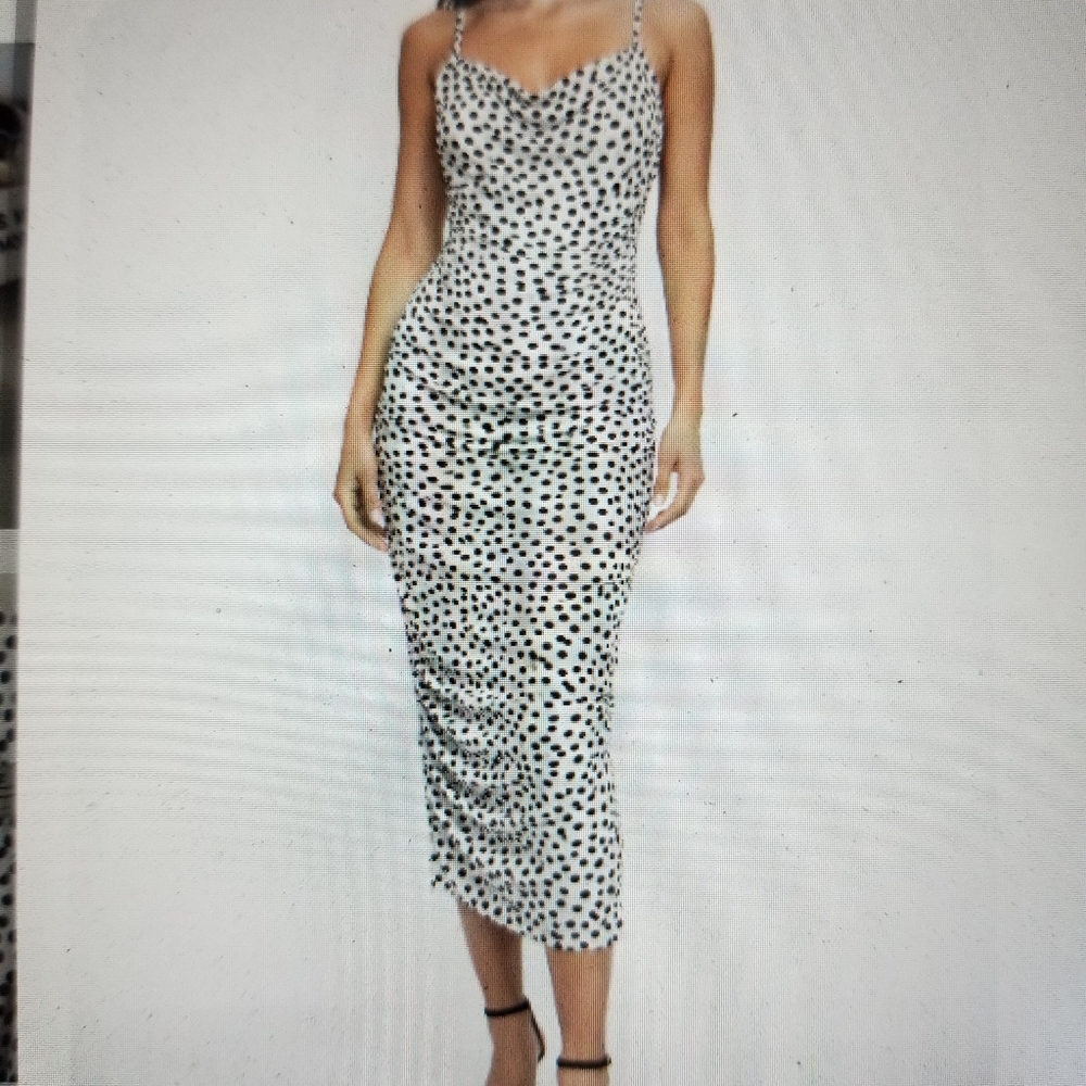 Zara Black and White Polka Dot Ruched Bodycon Dress Small
